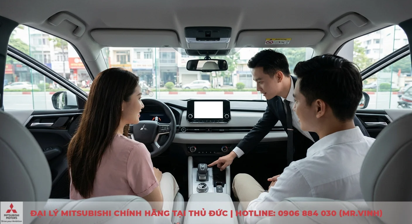 Đánh giá Mitsubishi Destinator 2026: ưu nhược điểm & trải nghiệm lái 5 Nội thất xe Mitsubishi với người bán hàng đang chỉ dẫn cặp đôi khách hàng về các nút điều khiển và cần số trên bảng trung tâm