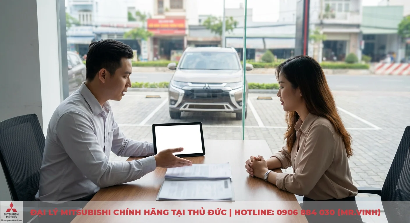 Đánh giá Mitsubishi Destinator 2026: ưu nhược điểm & trải nghiệm lái 6 Hai người đang trao đổi về xe Mitsubishi SUV trước cửa kính, với máy tính bảng và giấy tờ trên bàn, trong một buổi tư vấn mua xe trả góp