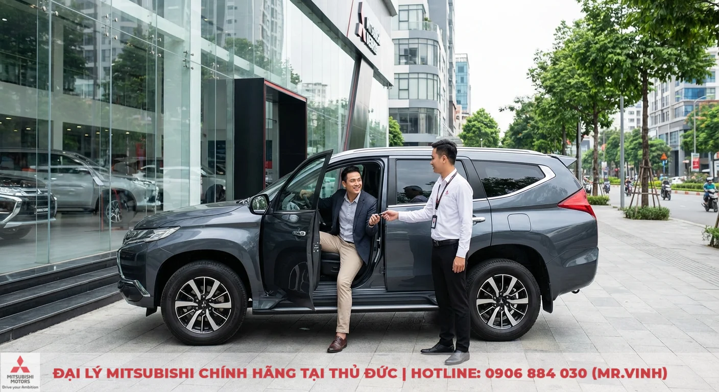Đánh giá Mitsubishi Destinator 2026: ưu nhược điểm & trải nghiệm lái 7 Người đàn ông nhận chìa khóa xe Mitsubishi SUV màu xám từ nhân viên tại showroom Mitsubishi Motors để lái thử