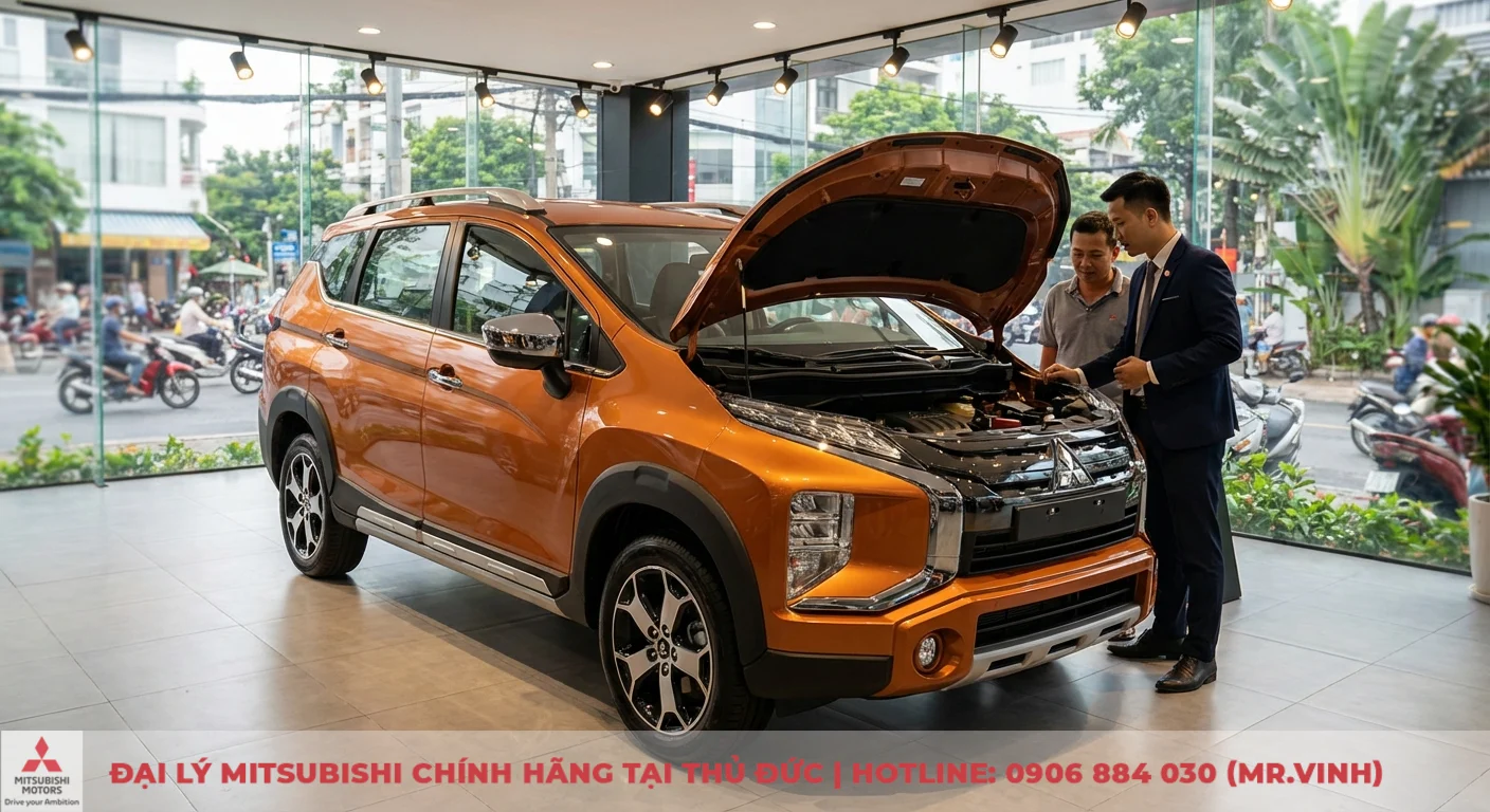 Đánh giá Xpander Cross 2026 – Ưu nhược điểm và những cải tiến mới 2 Khoang động cơ MIVEC của Xpander Cross 2026 mở, nhân viên tư vấn chi tiết về hiệu suất và khả năng vận hành