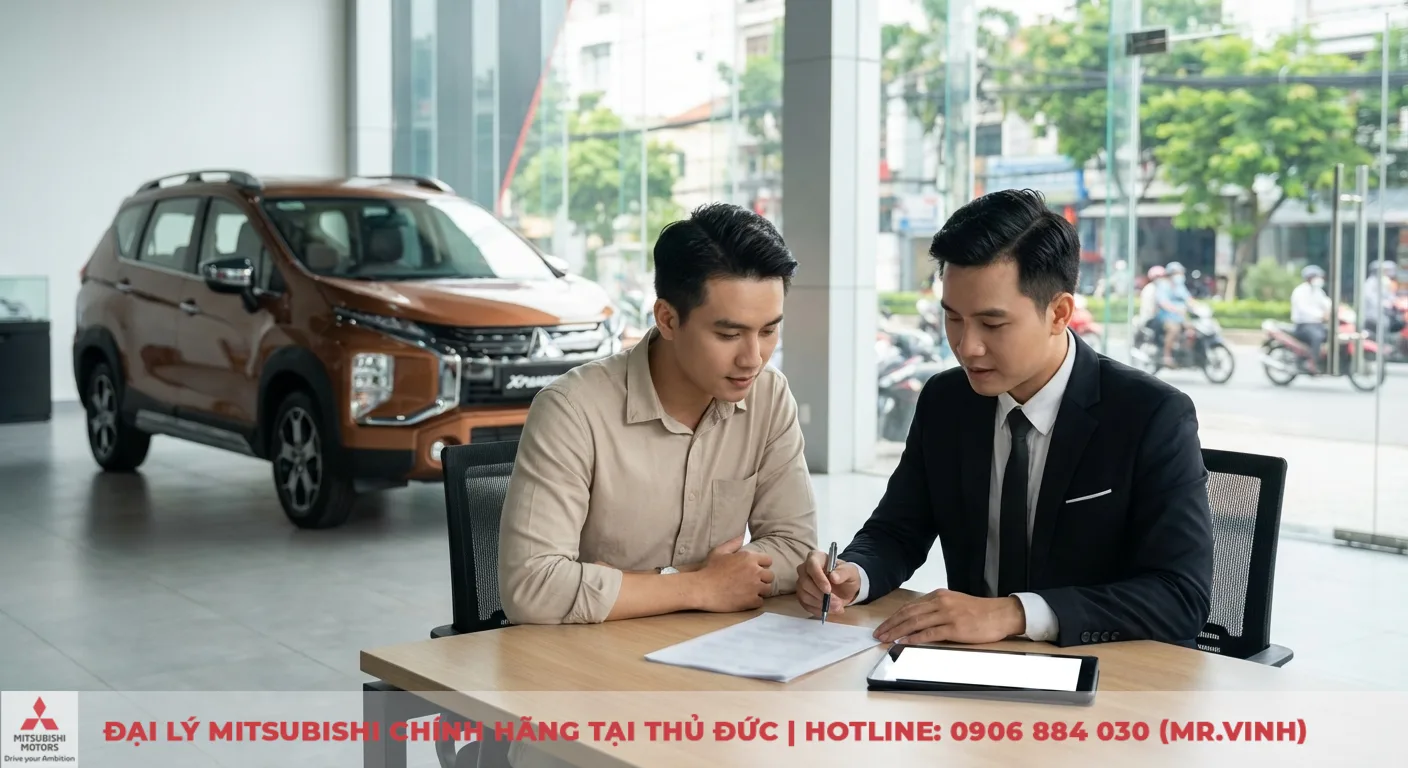 Đánh giá Xpander Cross 2026 – Ưu nhược điểm và những cải tiến mới 6 Khách hàng và nhân viên sales ký hợp đồng mua bán xe Mitsubishi Xpander Cross trong showroom, liên quan đến giá bán và thủ tục ra mắt