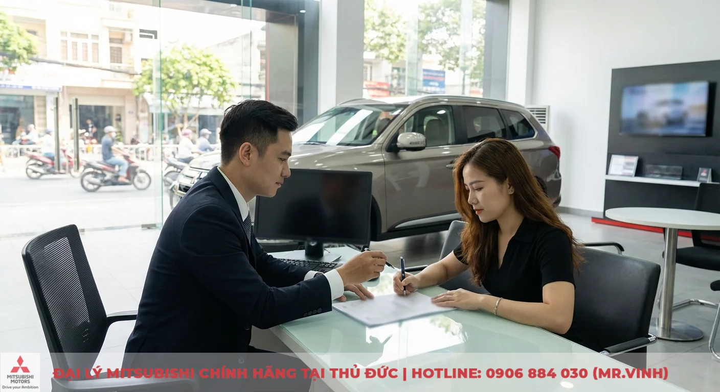 Đặt cọc Mitsubishi Destinator 2026: Thông tin mới & quy trình mua xe 3 Người đàn ông và phụ nữ ký hợp đồng đặt cọc xe tại bàn kính trong showroom ô tô hiện đại, xe SUV phía sau
