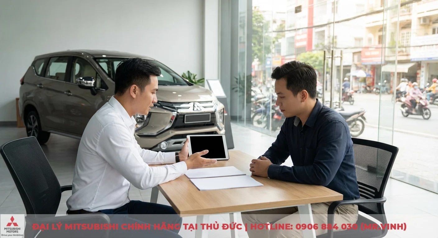 Đặt cọc Mitsubishi Destinator 2026: Thông tin mới & quy trình mua xe 5 Hai người đàn ông đang thảo luận tại bàn trong showroom ô tô, một người cầm máy tính bảng, phía sau là xe Mitsubishi và đường phố