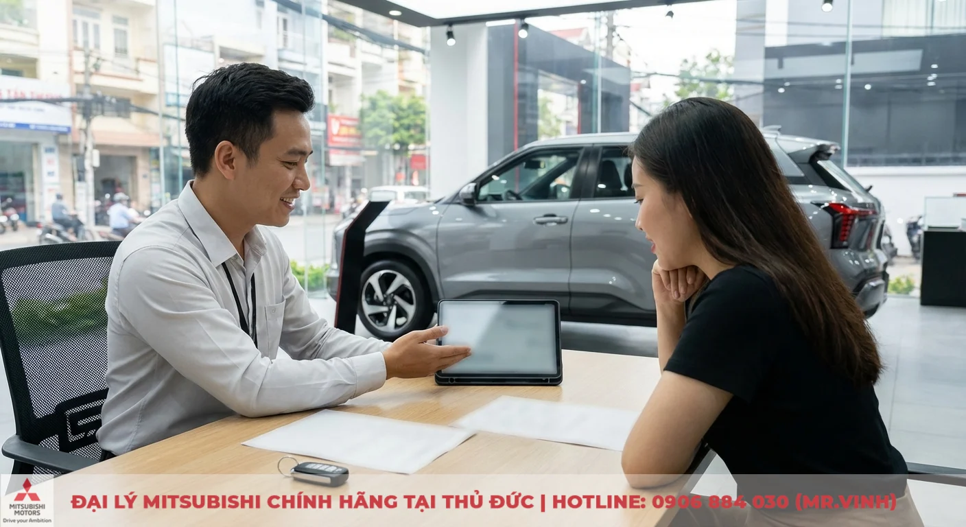 Đặt cọc Mitsubishi Xforce 2026: Ưu đãi độc quyền & thủ tục giao xe 1 Tư vấn viên Mitsubishi Saigon 3S giới thiệu lợi ích đặt cọc sớm Mitsubishi Xforce 2026 trên tablet cho khách hàng nữ