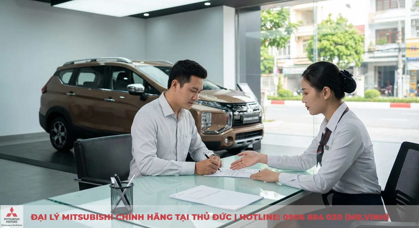 Đặt cọc Mitsubishi Xpander Cross 2026 tại Saigon 3S – Ưu đãi & thủ tục 1 Khách hàng đang ký hợp đồng đặt cọc sớm Mitsubishi Xpander Cross 2026 với tư vấn viên tại showroom Mitsubishi Saigon 3S