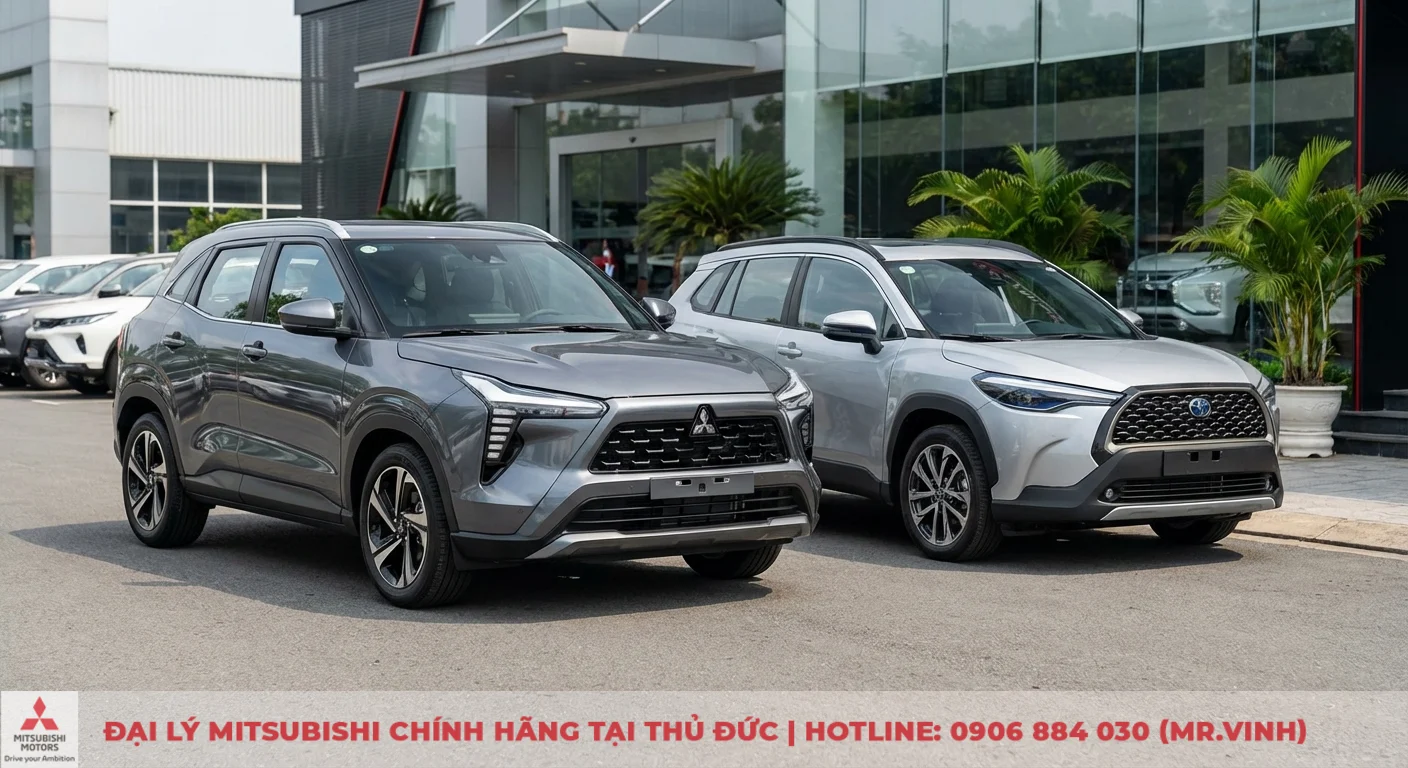 So sánh Destinator 2026 và Corolla Cross: Giá, trang bị, an toàn 2 Hai xe SUV màu xám Mitsubishi Destinator 2026 và bạc Toyota Corolla Cross hybrid đỗ bên ngoài đại lý