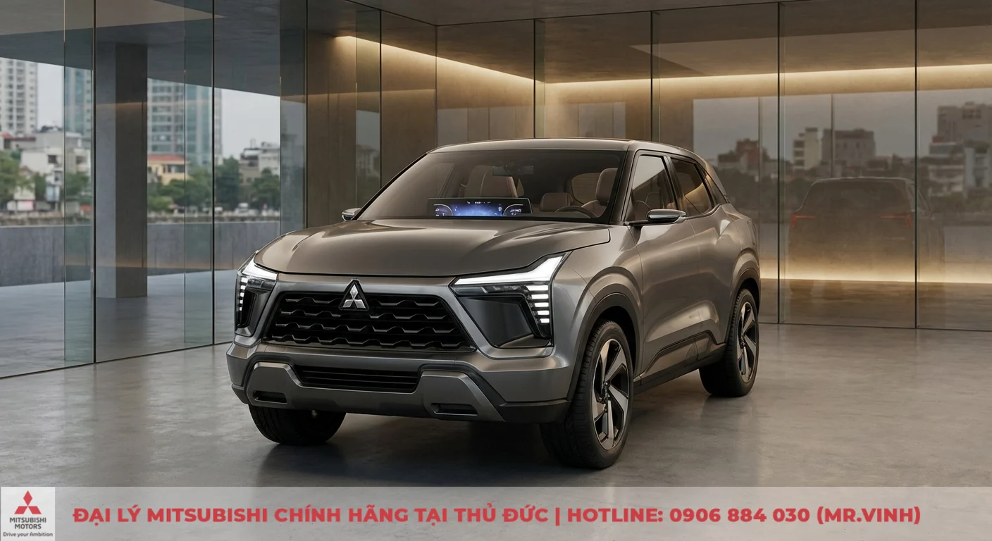 Destinator 2026 vs Creta: So sánh chi tiết, chọn xe đáng mua? 2 Xe SUV concept màu xám với lưới tản nhiệt hầm hố, đèn LED sắc sảo, màn hình rộng bên trong, đậu trong showroom kính hiện đại