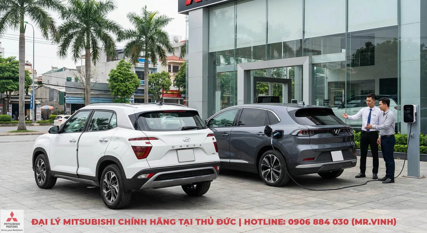 Destinator 2026 vs Creta: So sánh chi tiết, chọn xe đáng mua? 3 Hai chiếc ô tô SUV, Hyundai Creta màu trắng và VinFast màu xám đang sạc điện, cùng hai người đàn ông trước showroom xe hơi