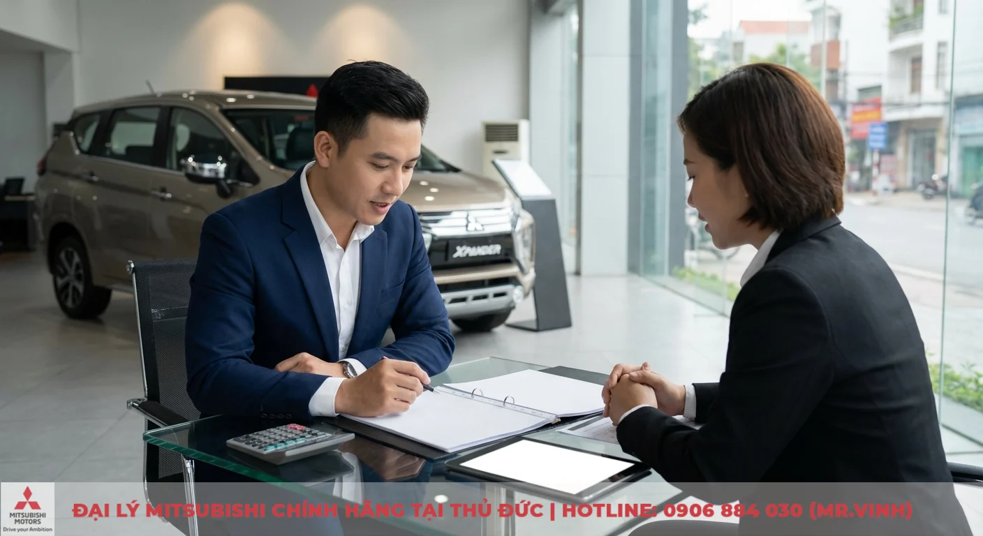 Destinator 2026 vs Creta: So sánh chi tiết, chọn xe đáng mua? 4 Hai người đang tư vấn giao dịch tại bàn kính trong showroom ô tô có xe Xpander, cùng tài liệu, máy tính bảng và máy tính cầm tay