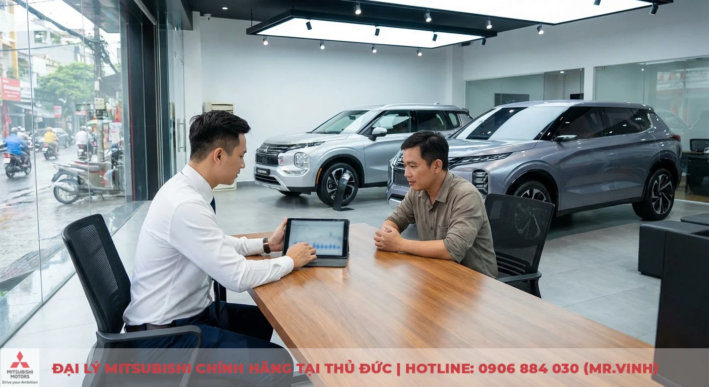 Destinator 2026 vs Creta: So sánh chi tiết, chọn xe đáng mua? 5 Nhân viên bán hàng chỉ đồ thị trên máy tính bảng cho khách hàng tại bàn gỗ, phía sau là hai xe SUV trong showroom, bên ngoài cửa kính là cảnh đường phố đông đúc xe máy