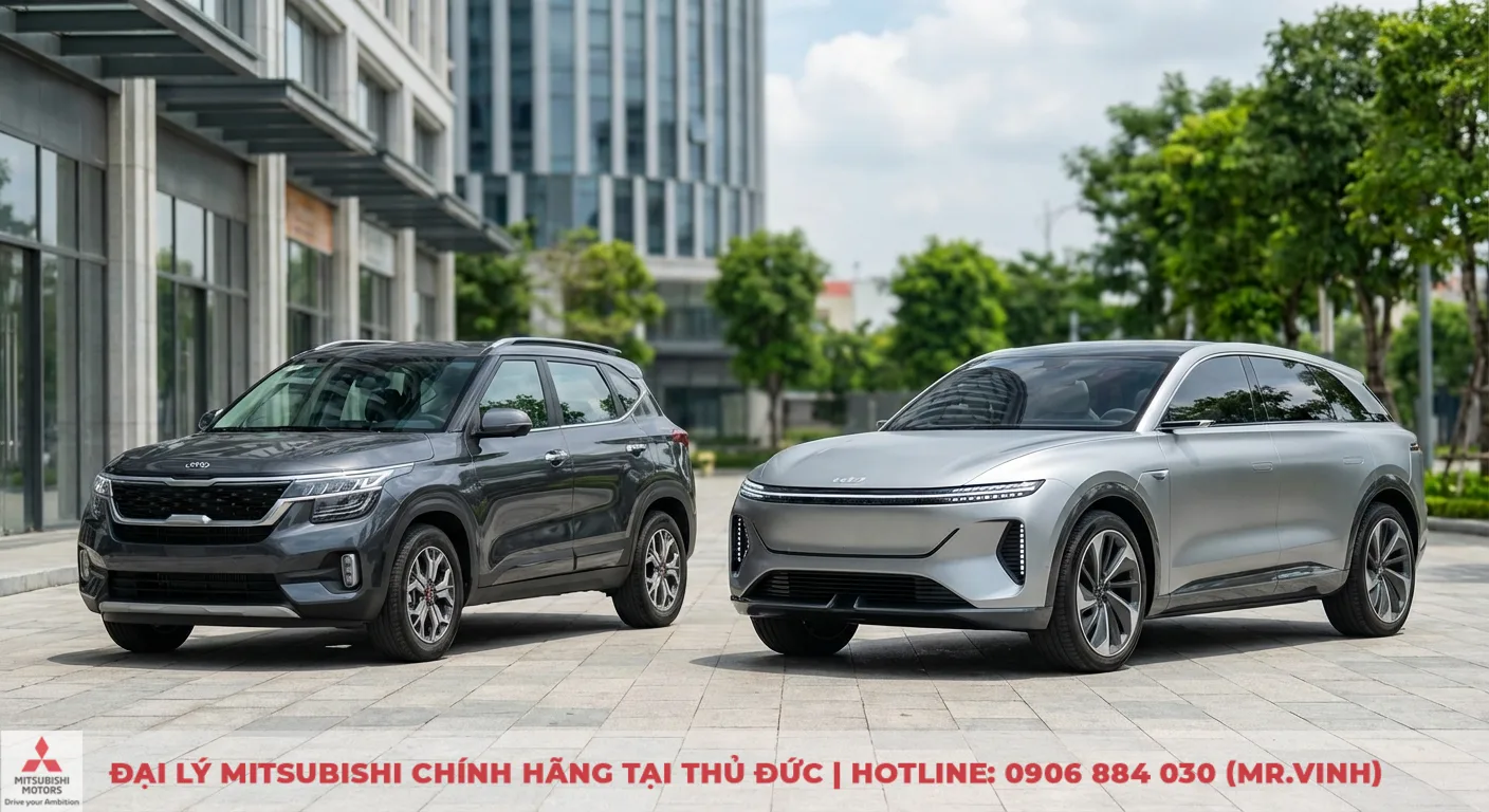 Destinator 2026 vs Seltos: So sánh Seltos và đối thủ cùng phân khúc 2 Hai SUV Kia: Seltos màu xám mạnh mẽ và Destinator bạc hiện đại, đỗ cạnh nhau trên nền nhà cao tầng
