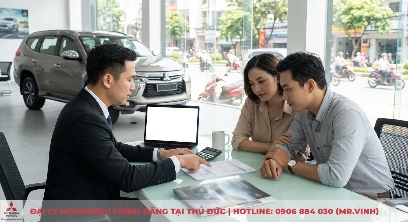 Destinator 2026 vs Seltos: So sánh Seltos và đối thủ cùng phân khúc 6 Trong phòng trưng bày ô tô, nhân viên bán hàng chỉ tài liệu tư vấn cho cặp đôi về xe SUV màu nâu, cạnh laptop