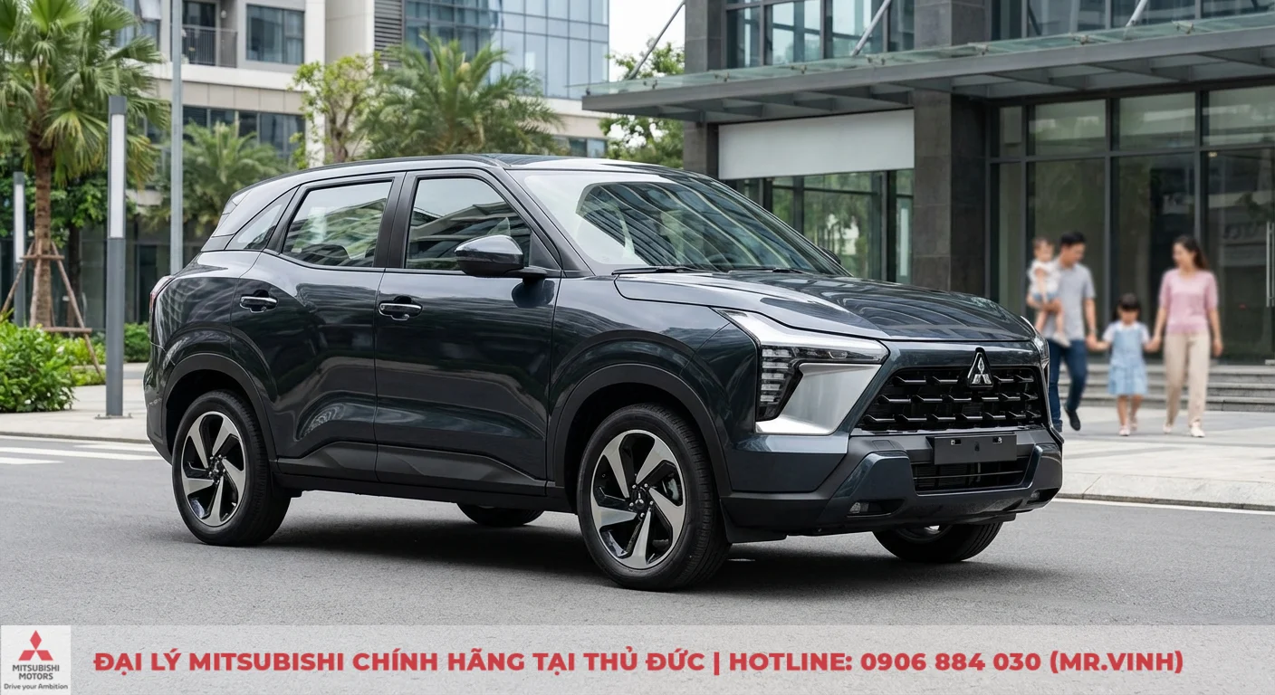 So sánh Destinator 2026 và Mitsubishi Xforce: Chọn xe nào phù hợp? 1 Xe SUV Mitsubishi Xforce màu xám đậm đậu trên đường phố hiện đại với kiến trúc đô thị và gia đình đang đi bộ