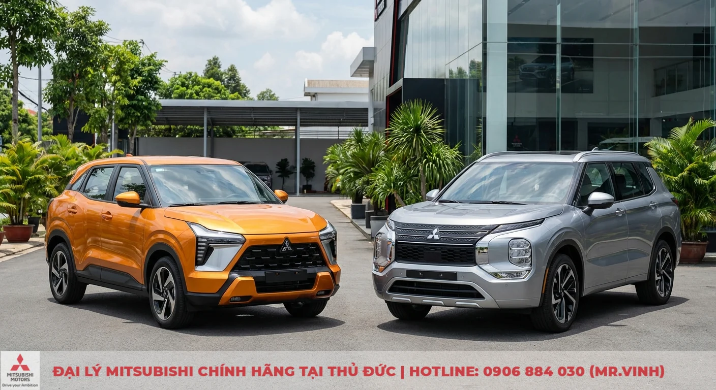 So sánh Destinator 2026 và Mitsubishi Xforce: Chọn xe nào phù hợp? 2 Hai xe SUV Mitsubishi Xforce bạc và Destinator 2026 cam đỗ trên đường nhựa, trưng bày ngoại thất tại showroom