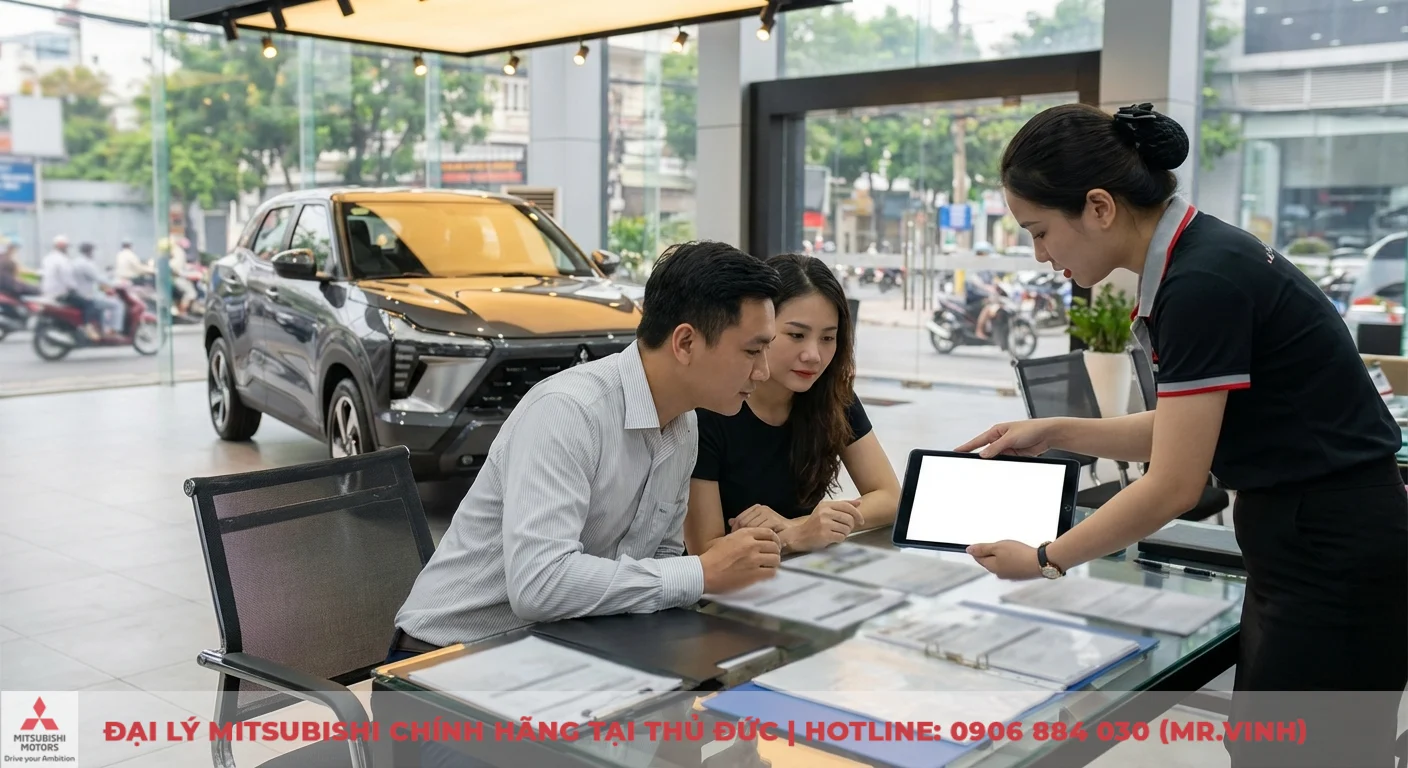 So sánh Destinator 2026 và Mitsubishi Xforce: Chọn xe nào phù hợp? 3 Nhân viên showroom giới thiệu xe SUV Xforce trên máy tính bảng cho cặp đôi xem tài liệu tại bàn trong cửa hàng