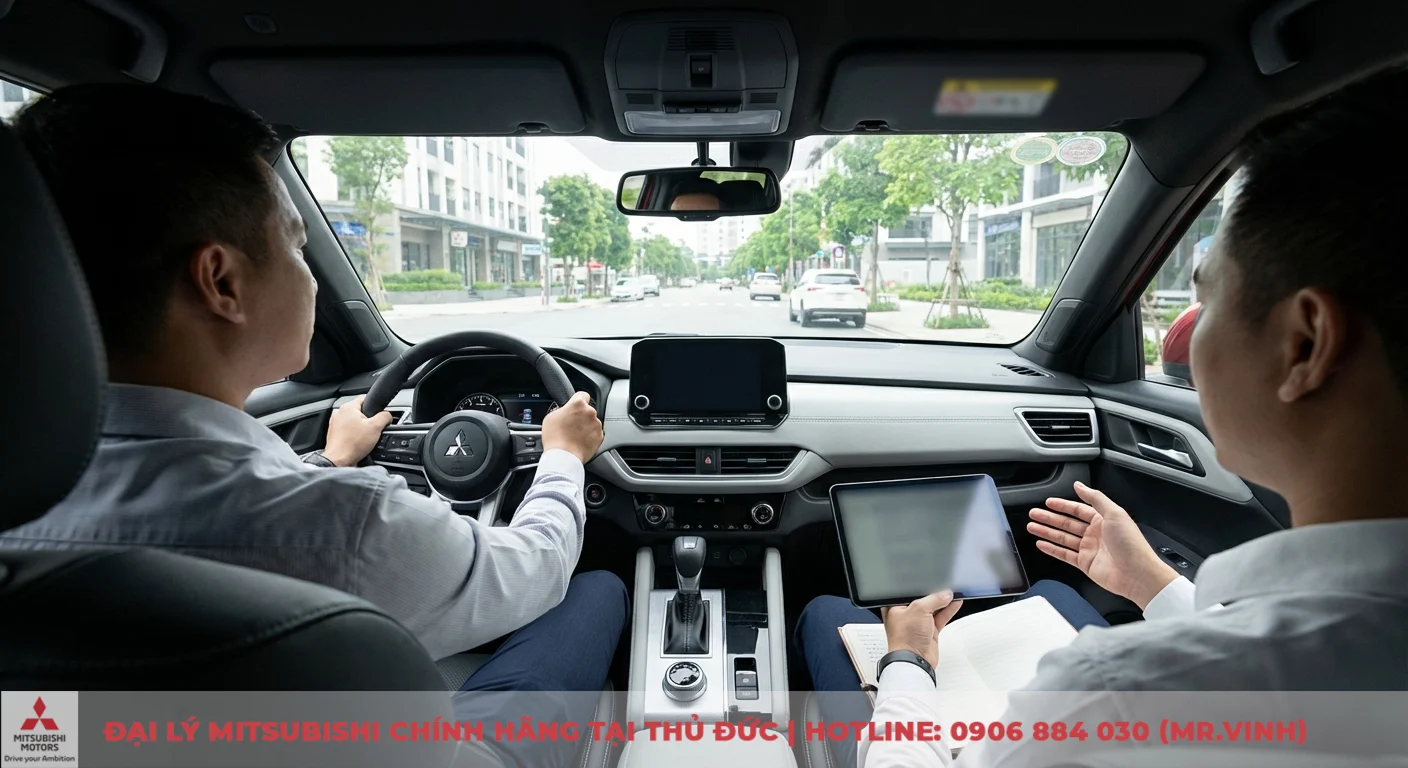So sánh Destinator 2026 và Mitsubishi Xforce: Chọn xe nào phù hợp? 4 Nội thất xe ô tô Mitsubishi với tài xế cầm vô lăng và hành khách cầm máy tính bảng, sổ tay, nhìn ra đường phố