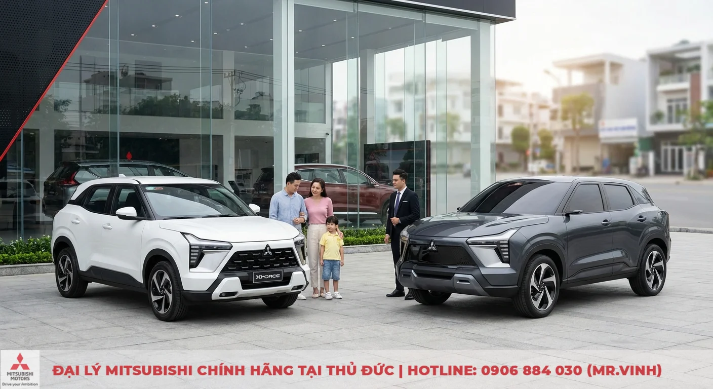So sánh Destinator 2026 và Mitsubishi Xforce: Chọn xe nào phù hợp? 5 Hai chiếc SUV Mitsubishi màu trắng X-FORCE và màu xám đỗ ngoài showroom, có gia đình và nhân viên bán hàng đứng cạnh