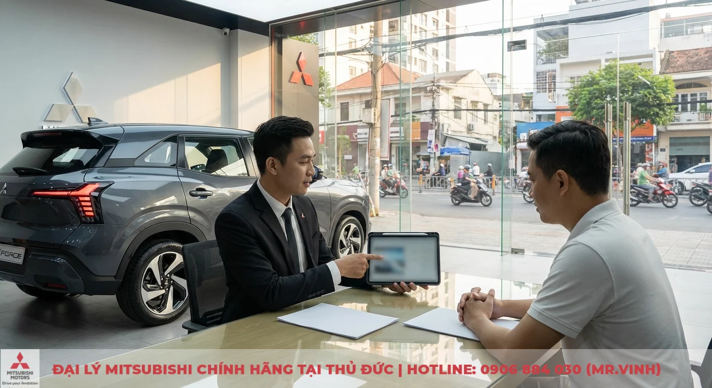 So sánh Destinator 2026 và Mitsubishi Xforce: Chọn xe nào phù hợp? 6 Hai người đàn ông, một nhân viên bán hàng chỉ vào máy tính bảng tư vấn khách hàng tại bàn trong showroom Mitsubishi Sài Gòn 3S cạnh chiếc SUV Xforce màu xám
