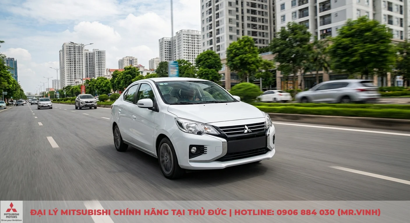 Động cơ Attrage 2026: Thông số, công suất & hộp số CVT có gì mới? 1 Mitsubishi Attrage màu trắng đang vận hành trên đường phố, minh họa động cơ tăng tốc hiệu quả và linh hoạt trong đô thị