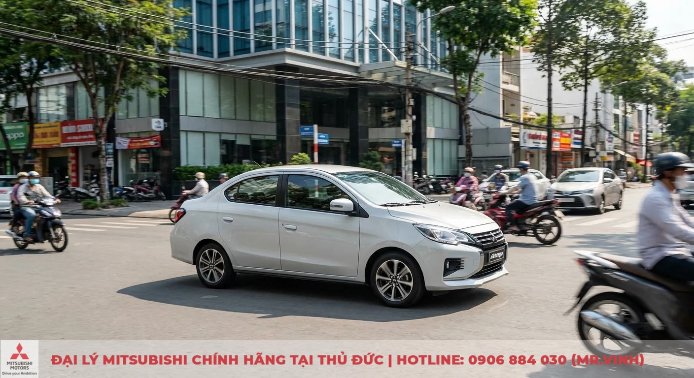 Động cơ Attrage 2026: Thông số, công suất & hộp số CVT có gì mới? 3 Attrage 2026 màu trắng đang tự tin vận hành trong giao thông đô thị đông đúc, mang lại trải nghiệm lái linh hoạt
