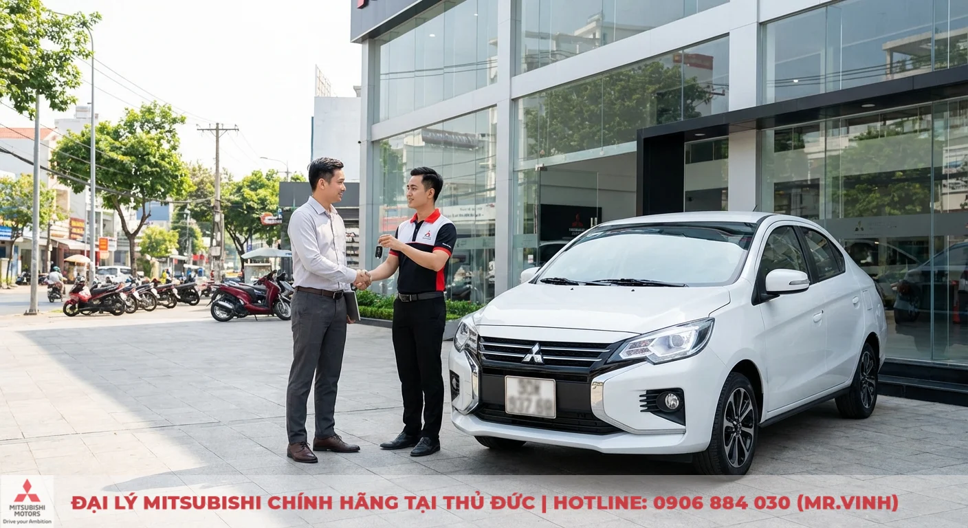 Động cơ Attrage 2026: Thông số, công suất & hộp số CVT có gì mới? 4 Khách hàng nhận chìa khóa xe Mitsubishi Attrage 2026 từ nhân viên, chuẩn bị lái thử tại Mitsubishi Saigon 3S