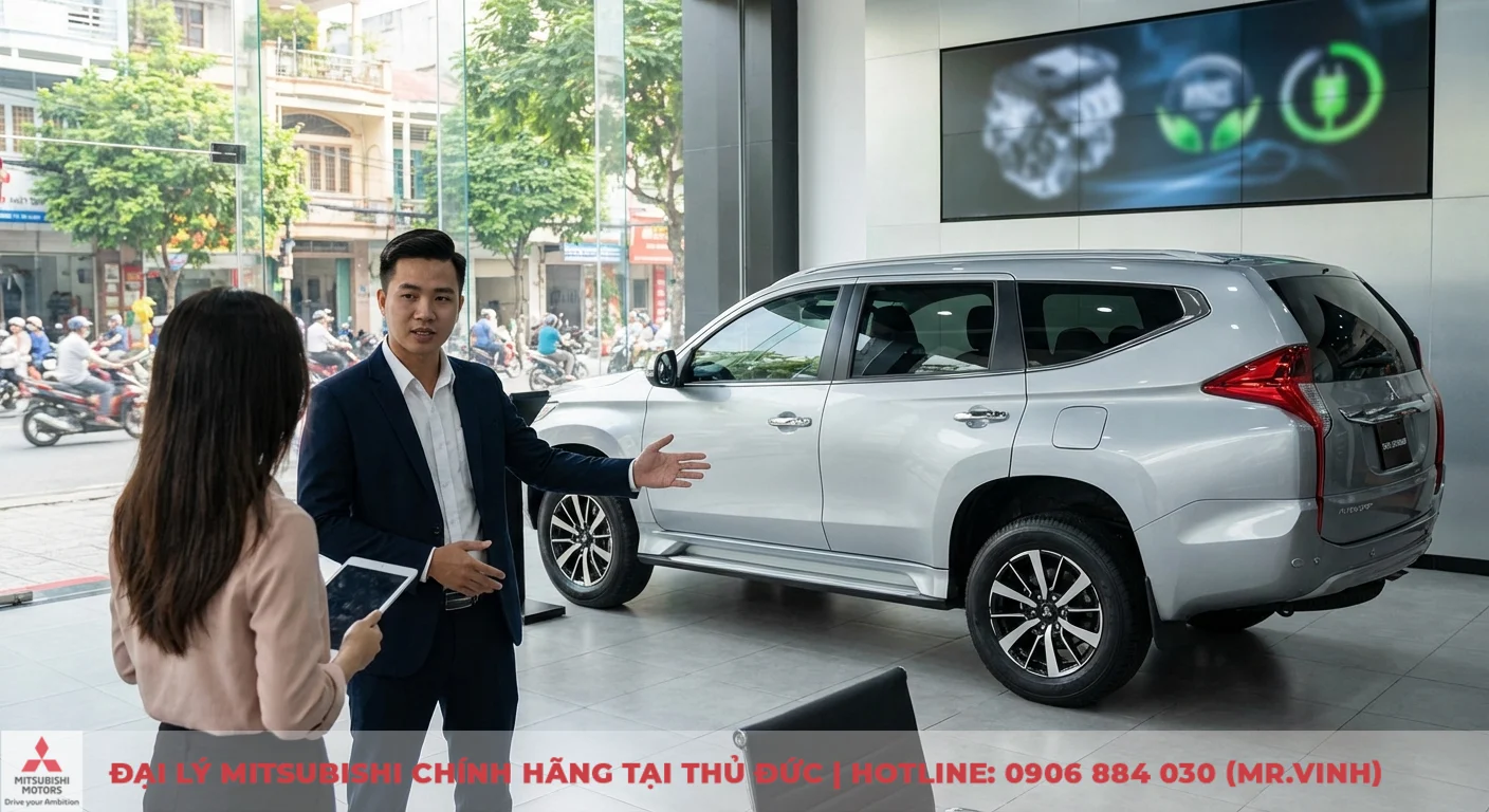 Động cơ Destinator 2026 là gì? Thông số kỹ thuật dự kiến và công suất 1 Showroom xe hơi Mitsubishi với nhân viên tư vấn đang giới thiệu SUV bạc cho khách, màn hình lớn hiển thị động cơ và công nghệ xanh 2026