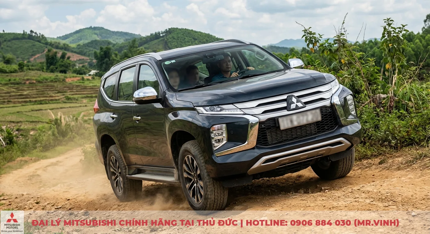 Động cơ Destinator 2026 là gì? Thông số kỹ thuật dự kiến và công suất 3 Xe SUV Mitsubishi màu đen chở ba người đang vượt địa hình đồi núi trên đường đất gồ ghề, bụi tung lên, thể hiện khả năng leo dốc của xe