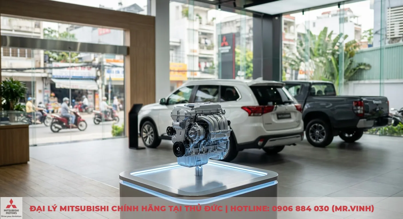 Động cơ Destinator 2026 là gì? Thông số kỹ thuật dự kiến và công suất 4 Mô hình động cơ Destinator 2026 hiện đại trên bệ phát sáng trong showroom Mitsubishi, phía sau là SUV trắng, bán tải đen và đường phố Việt Nam đông đúc