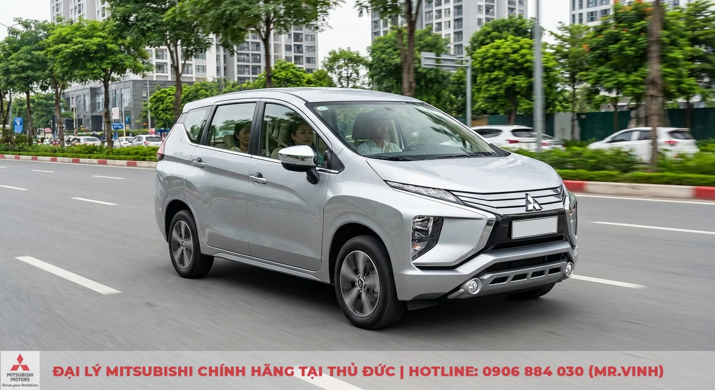 Động cơ Xpander 2026: Cập nhật thông số, công suất và công nghệ Hybrid 1 Mitsubishi Xpander bạc chở khách di chuyển êm ái, minh họa động cơ MIVEC vận hành linh hoạt cho gia đình