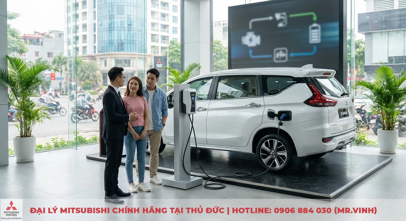 Động cơ Xpander 2026: Cập nhật thông số, công suất và công nghệ Hybrid 2 Xpander 2026 động cơ Hybrid đang được giới thiệu tại showroom, màn hình hiển thị nguyên lý sạc và vận hành