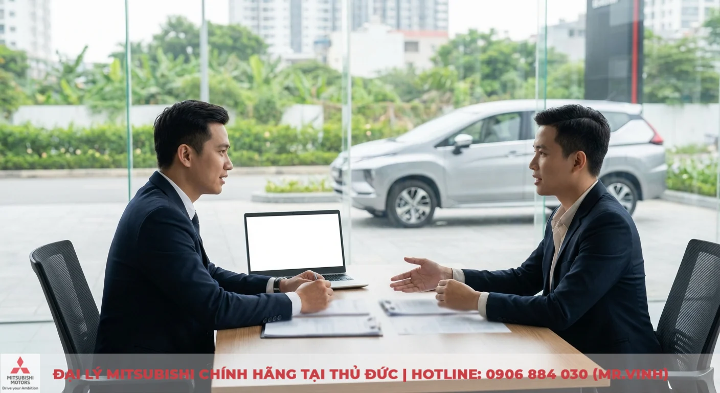 Động cơ Xpander 2026: Cập nhật thông số, công suất và công nghệ Hybrid 4 Khách hàng và chuyên viên tư vấn Mitsubishi Xpander 2026 đang thảo luận về động cơ và so sánh các phiên bản tại showroom
