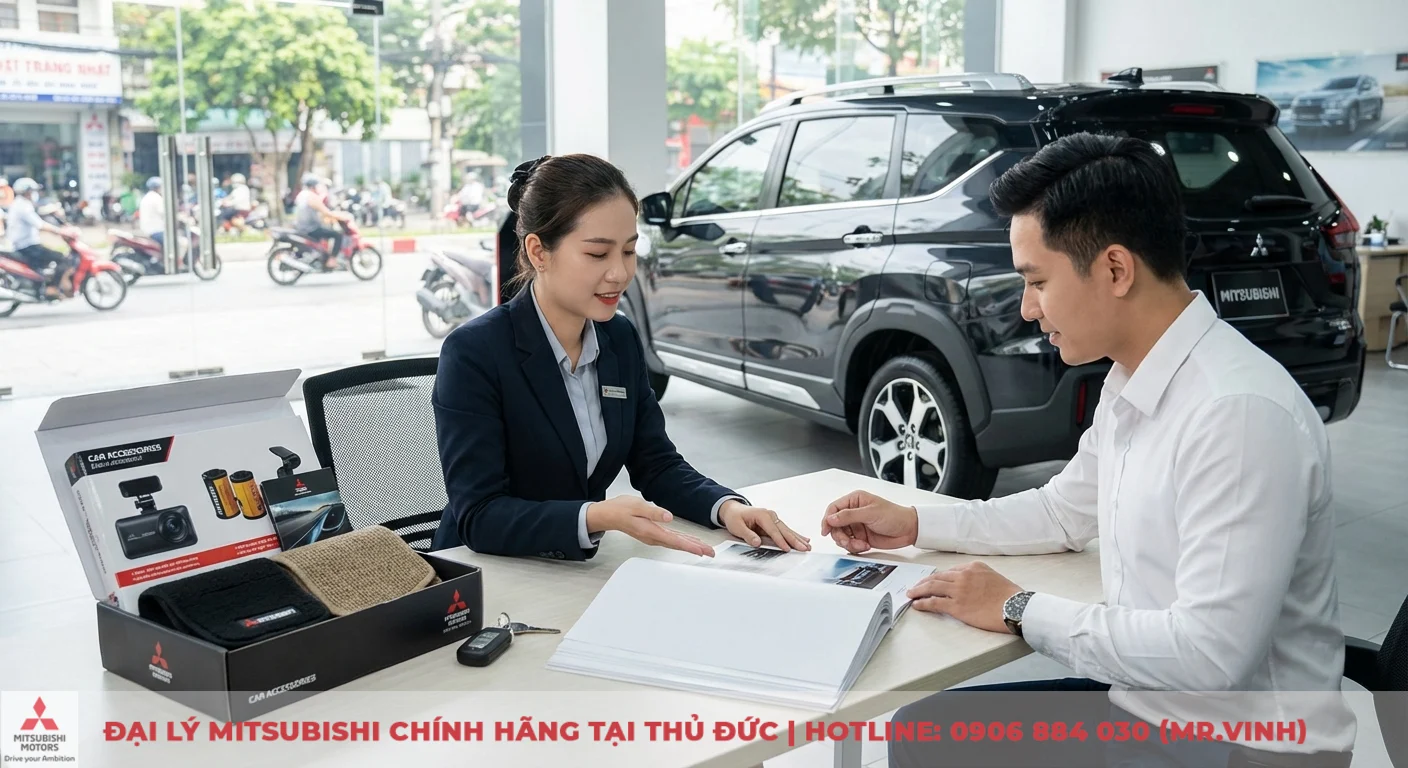 FAQ Mitsubishi Destinator 2026: Giá lăn bánh, trả góp & khuyến mãi 5 Nữ nhân viên Mitsubishi tư vấn cho khách nam về xe đen và hộp phụ kiện chính hãng hiển thị camera hành trình, thảm sàn