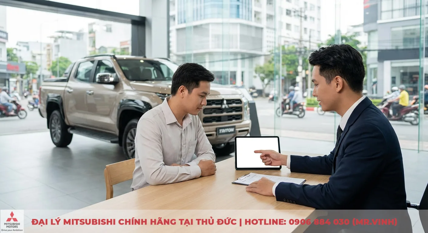 Mitsubishi Triton 2026: Giải đáp FAQ về giá, thông số và ngày ra mắt 2 Hai người đàn ông đang thảo luận tại bàn trong showroom ô tô với chiếc bán tải Mitsubishi Triton màu be phía sau, người bán hàng chỉ vào máy tính bảng