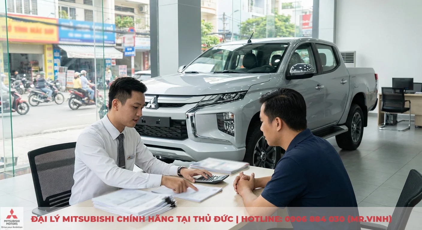Mitsubishi Triton 2026: Giải đáp FAQ về giá, thông số và ngày ra mắt 3 Hai người đàn ông tại bàn làm việc trong showroom ô tô, một nhân viên bán hàng chỉ giấy tờ và máy tính cho khách hàng, phía sau là xe bán tải Mitsubishi Triton màu bạc và đường phố đông đúc