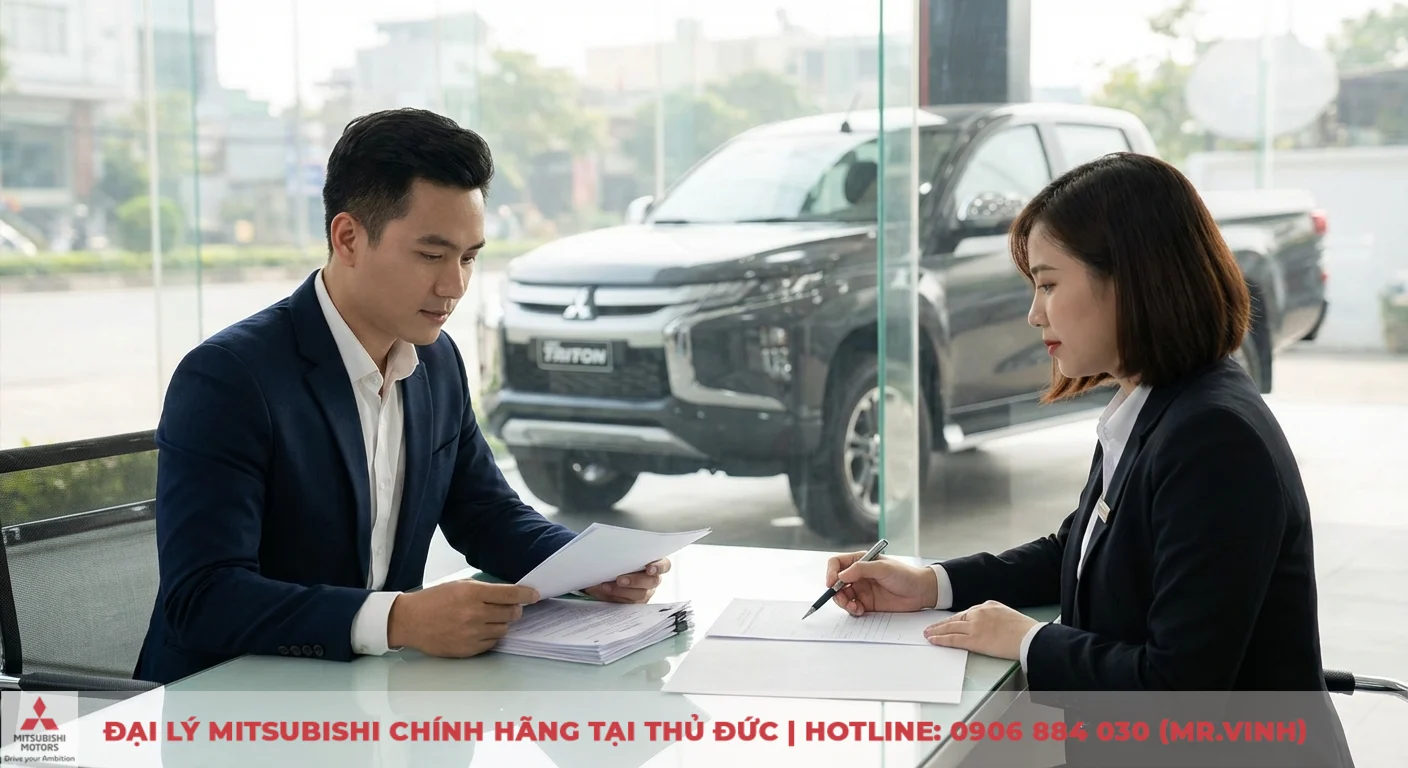 Mitsubishi Triton 2026: Giải đáp FAQ về giá, thông số và ngày ra mắt 4 Người đàn ông và phụ nữ mặc vest ngồi bàn làm thủ tục, phía sau là xe bán tải Mitsubishi Triton trong showroom