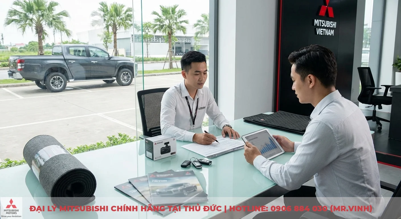 Mitsubishi Triton 2026: Giải đáp FAQ về giá, thông số và ngày ra mắt 5 Hai người đàn ông thảo luận tại bàn trong đại lý Mitsubishi với xe Triton ngoài cửa sổ, có thảm lót sàn và camera hành trình trên bàn