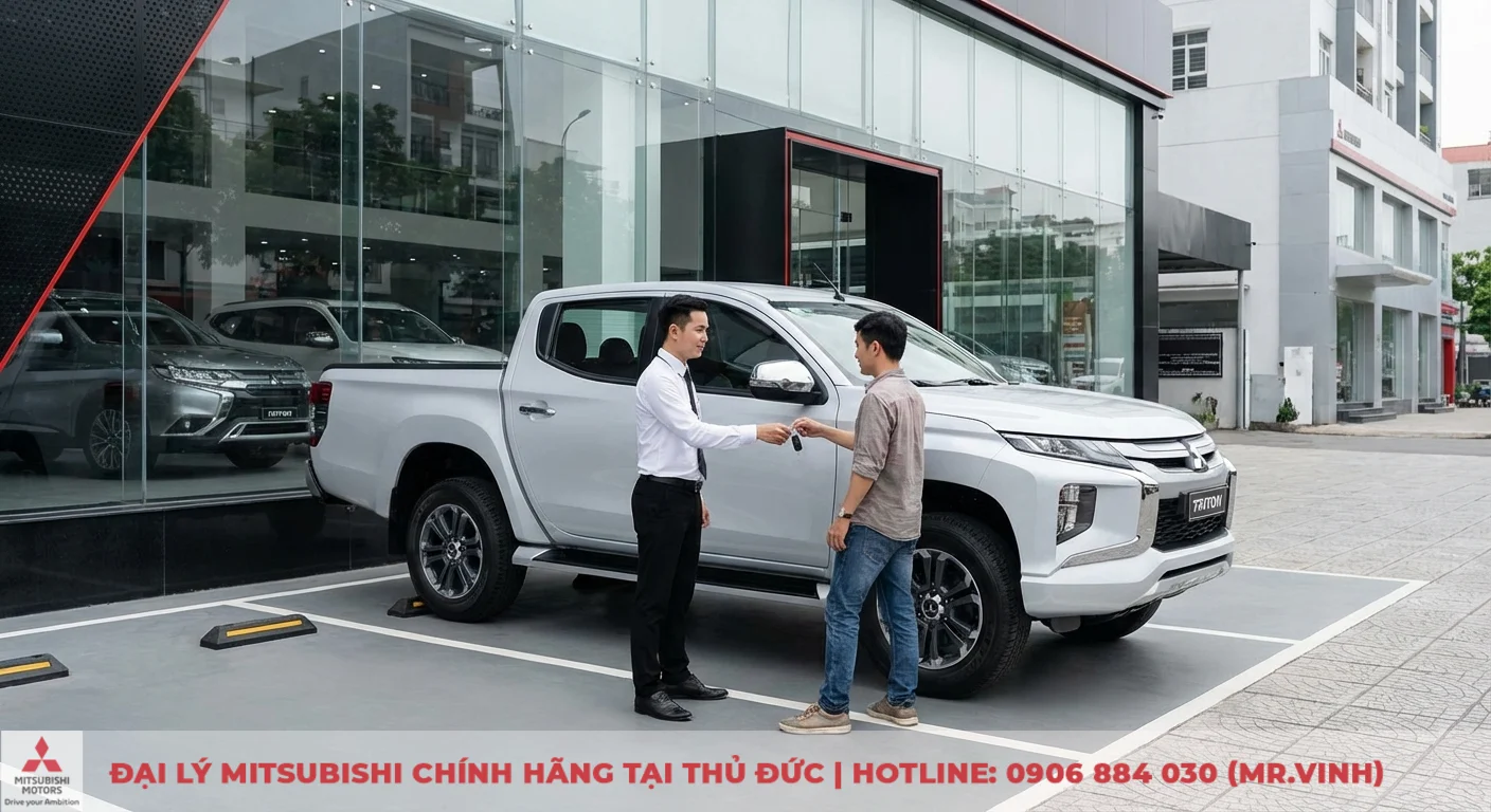 Mitsubishi Triton 2026: Giải đáp FAQ về giá, thông số và ngày ra mắt 6 Hai người đàn ông trao chìa khóa xe bán tải Mitsubishi Triton màu bạc tại bãi đỗ của đại lý, với showroom kính phía sau