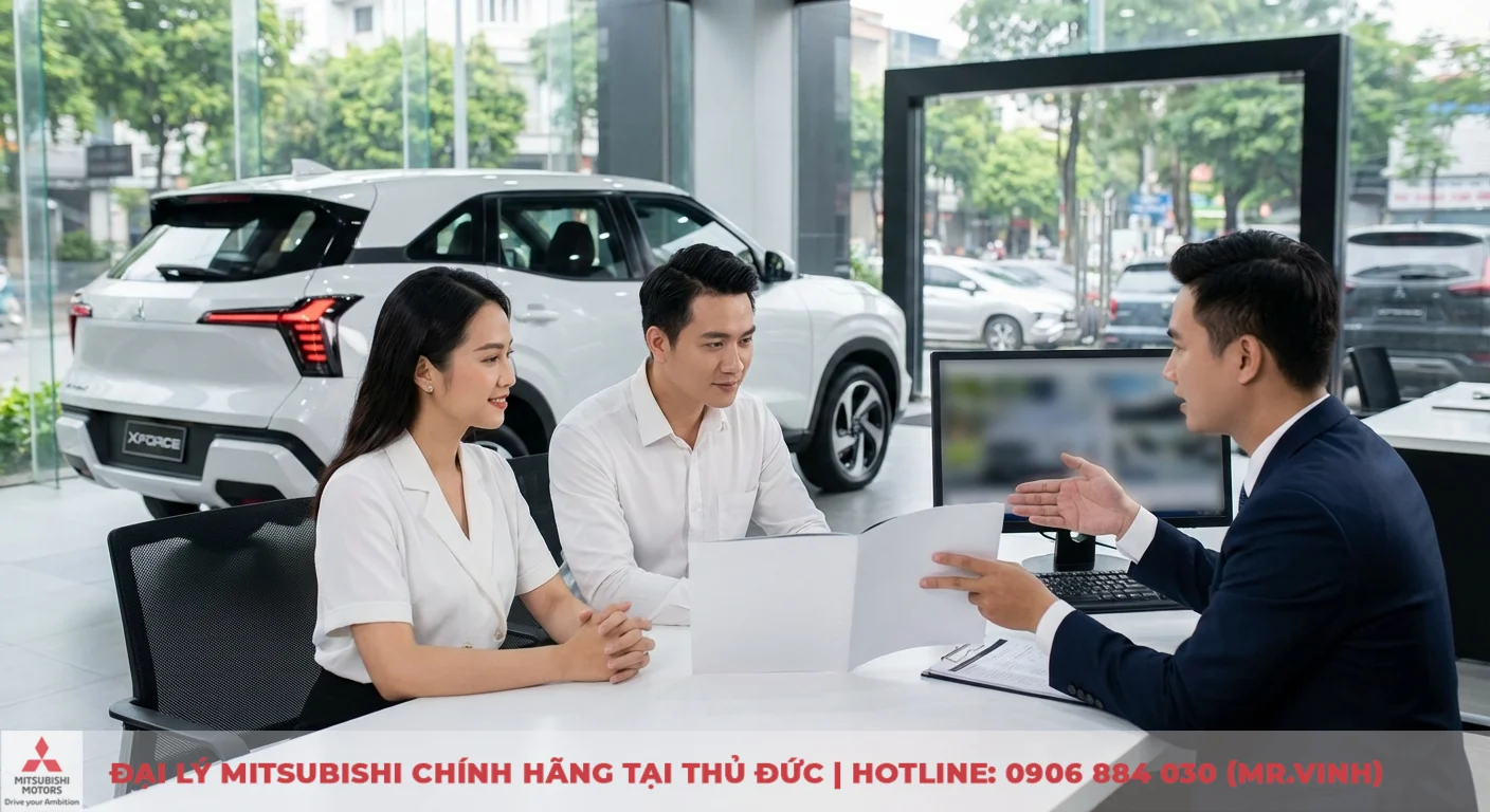 Giải đáp FAQ Mitsubishi Xforce 2026: Giá, lăn bánh & khuyến mãi 1 Khách hàng được tư vấn chi tiết về giá và các phiên bản Mitsubishi Xforce 2026 tại đại lý