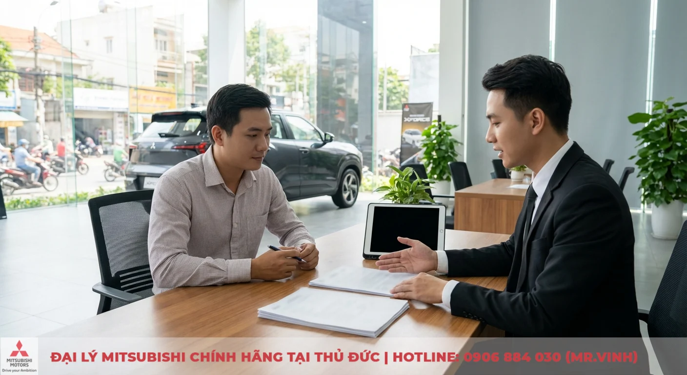 Giải đáp FAQ Mitsubishi Xforce 2026: Giá, lăn bánh & khuyến mãi 2 Khách hàng cùng chuyên viên tài chính tại đại lý Mitsubishi trao đổi các giấy tờ cần thiết để hoàn tất hồ sơ trả góp Xforce 2026