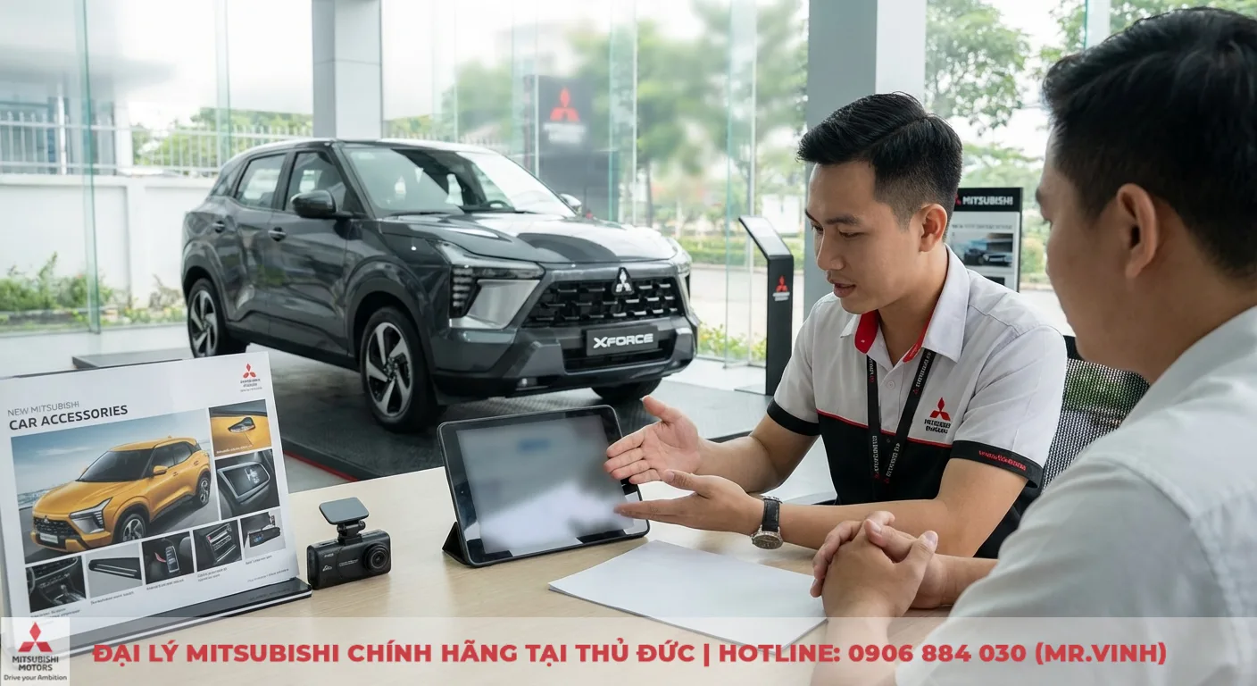 Giải đáp FAQ Mitsubishi Xforce 2026: Giá, lăn bánh & khuyến mãi 3 Nhân viên tư vấn khách hàng về khuyến mãi, ưu đãi và gói phụ kiện Mitsubishi Xforce 2026, gồm camera hành trình