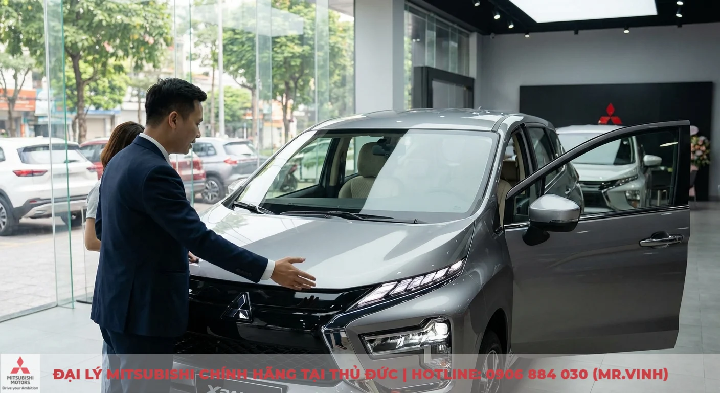 Xpander 2026 FAQ: Giải đáp giá, lăn bánh, trả góp, khuyến mãi 1 Nhân viên giới thiệu Mitsubishi Xpander tại showroom, nổi bật với thiết kế Dynamic Shield, đèn LED hiện đại và nội thất rộng rãi