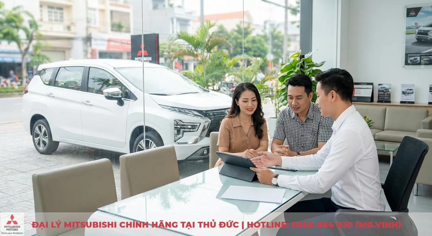 Xpander 2026 FAQ: Giải đáp giá, lăn bánh, trả góp, khuyến mãi 2 Nhân viên đại lý Mitsubishi tư vấn chi tiết về giá và các phiên bản dự kiến của Xpander 2026 cho khách hàng tại showroom