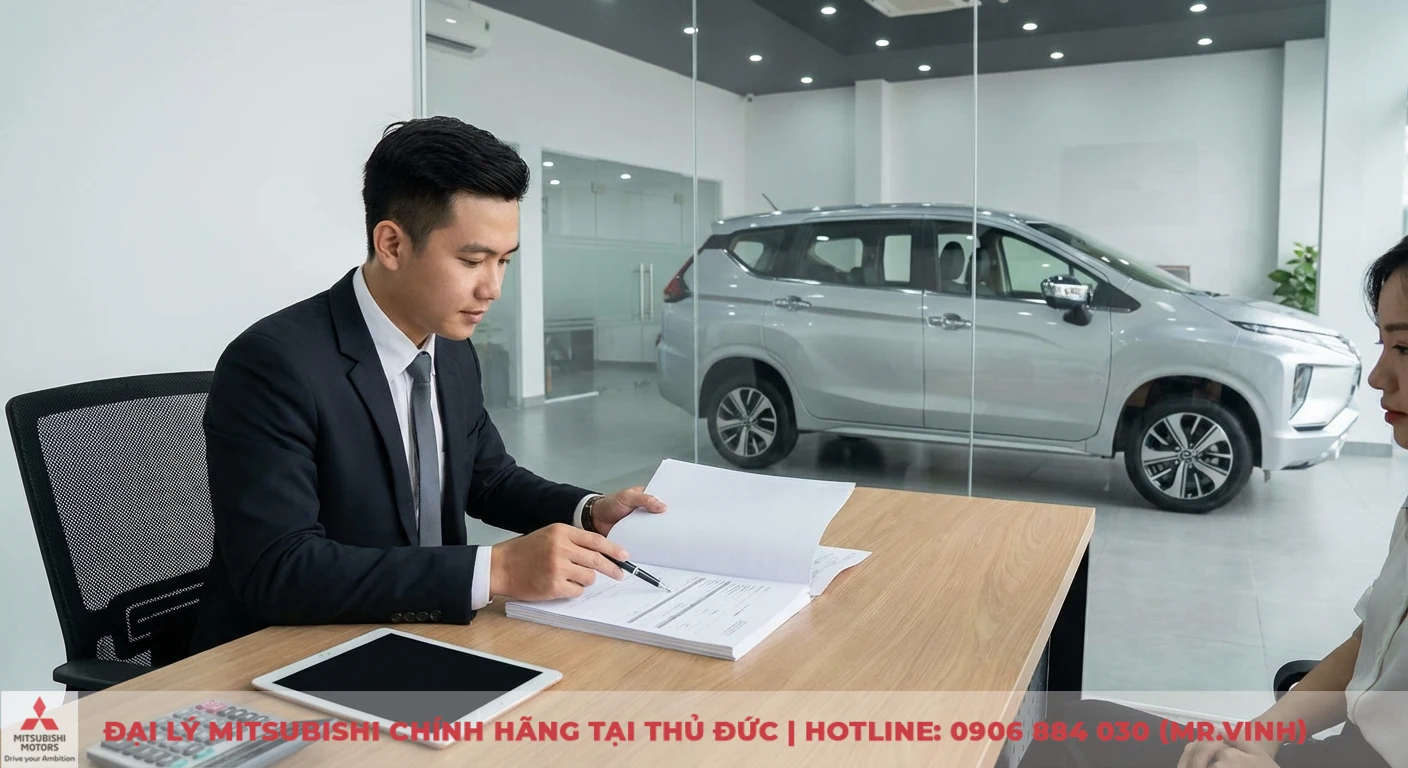 Xpander 2026 FAQ: Giải đáp giá, lăn bánh, trả góp, khuyến mãi 3 Nhân viên tư vấn giải thích chi phí lăn bánh Xpander 2026 trên hồ sơ hợp đồng cho khách hàng tại TP.HCM