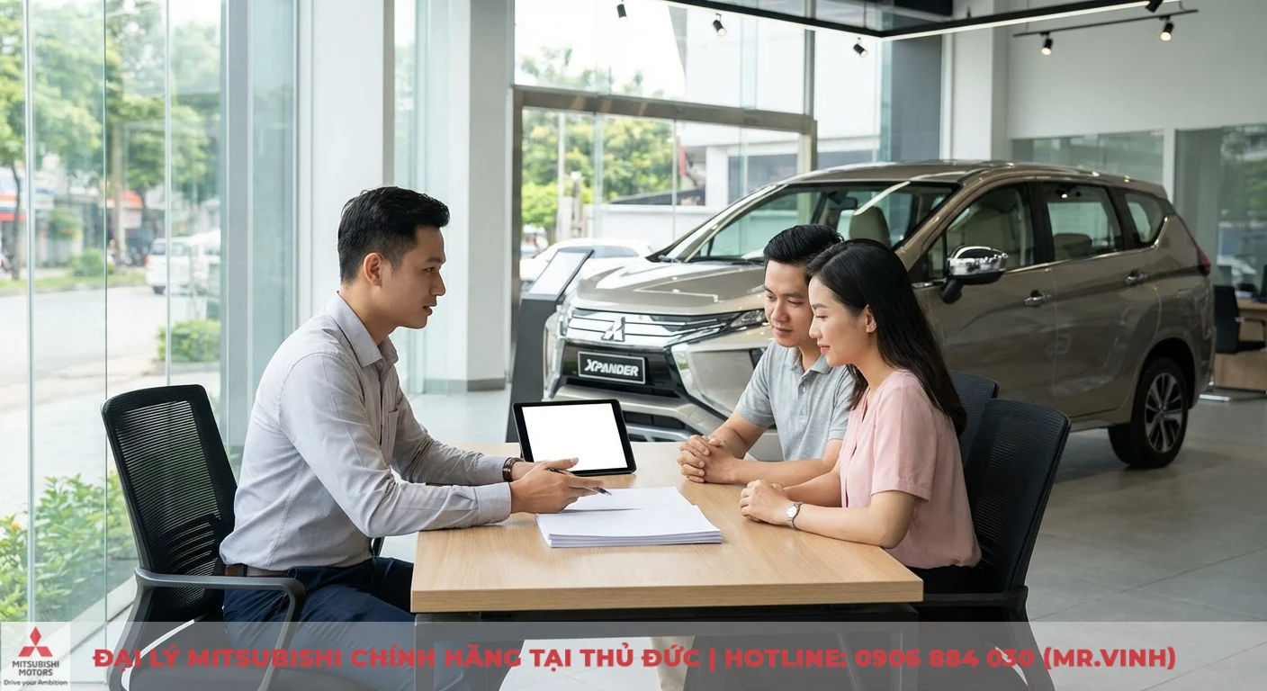 Xpander 2026 FAQ: Giải đáp giá, lăn bánh, trả góp, khuyến mãi 4 Thủ tục và giấy tờ mua Xpander trả góp được nhân viên hướng dẫn khách hàng tại bàn tư vấn
