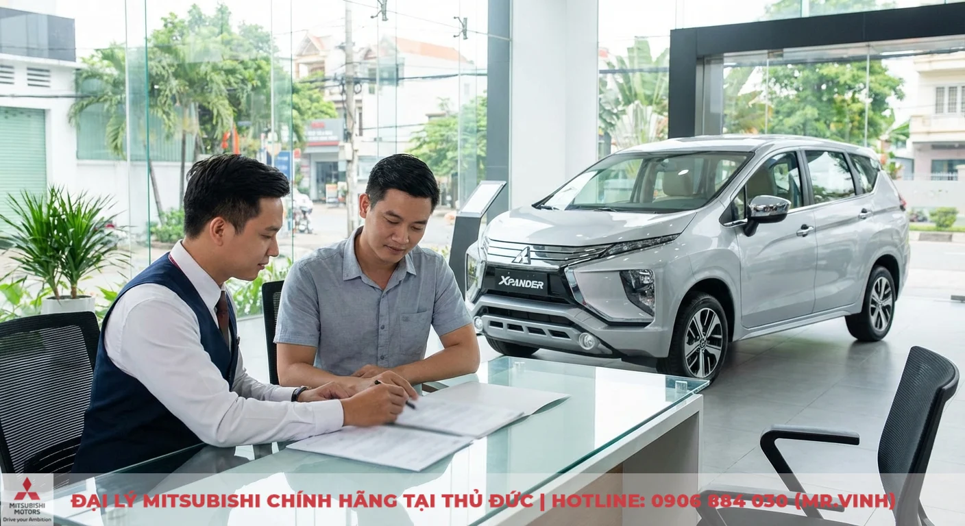 Xpander 2026 FAQ: Giải đáp giá, lăn bánh, trả góp, khuyến mãi 5 Khách hàng làm thủ tục đặt cọc giữ chỗ xe Xpander 2026 với nhân viên tư vấn tại showroom Mitsubishi