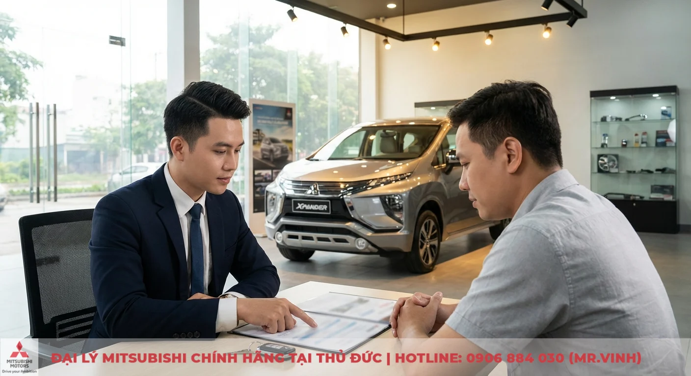 Xpander 2026 FAQ: Giải đáp giá, lăn bánh, trả góp, khuyến mãi 6 Tư vấn viên giới thiệu các chương trình ưu đãi và khuyến mãi mua xe Xpander 2026 cho khách hàng trong showroom