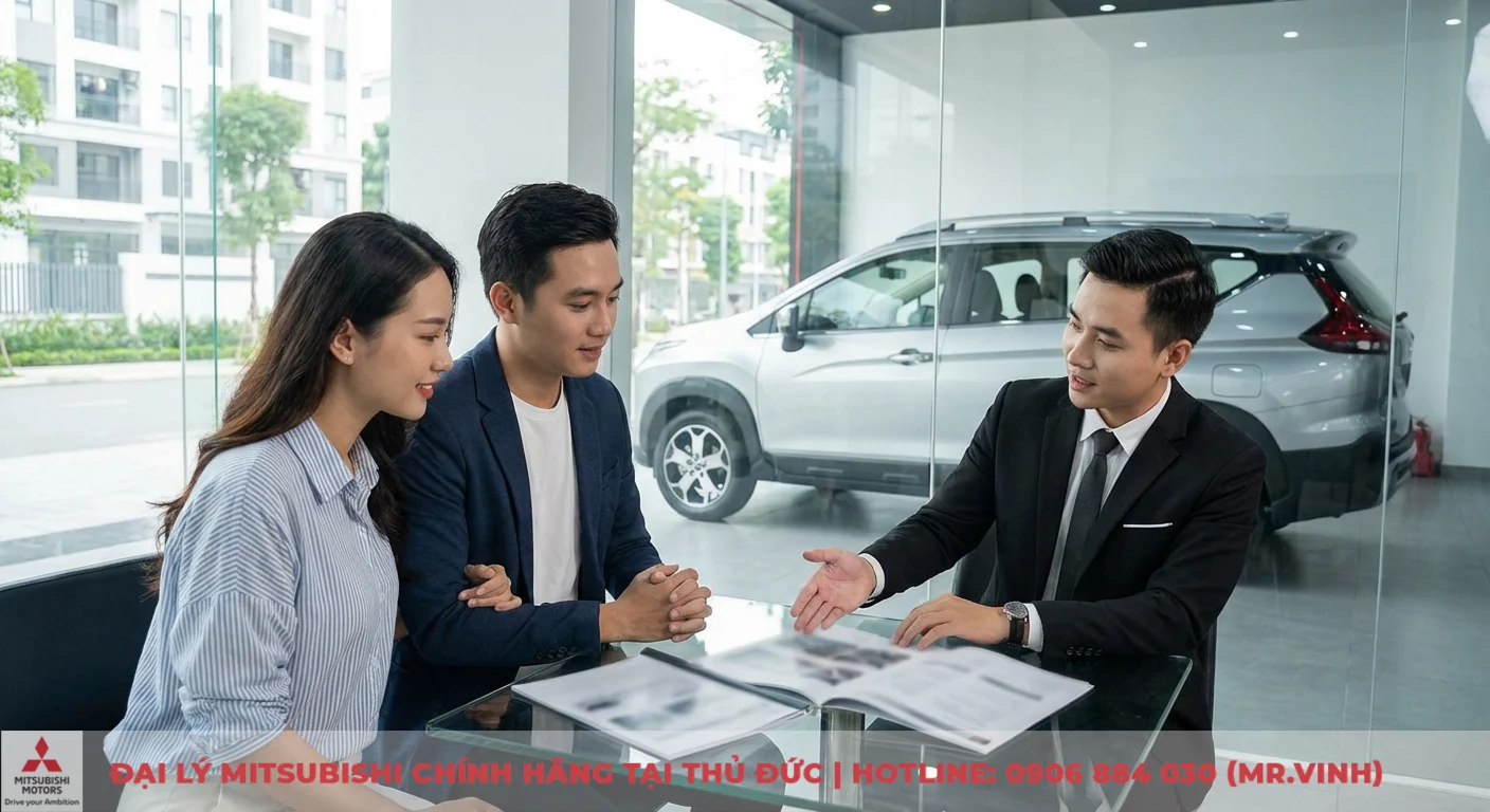 Mitsubishi Xpander Cross 2026: FAQ giá, lăn bánh, trả góp & khuyến mãi. 1 Nhân viên Mitsubishi đang tư vấn cho cặp đôi khách hàng về giá và chương trình khuyến mãi Xpander Cross 2026 tại showroom
