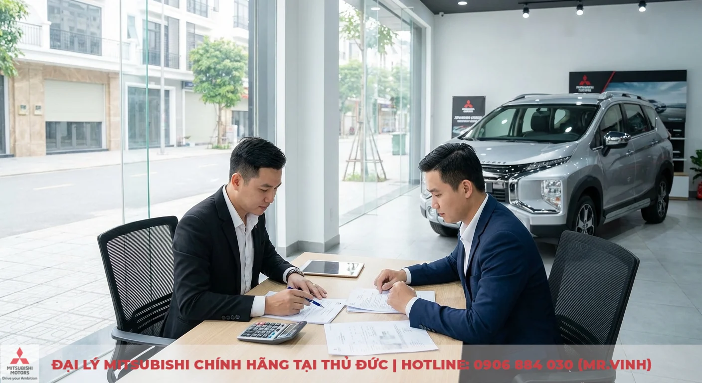 Mitsubishi Xpander Cross 2026: FAQ giá, lăn bánh, trả góp & khuyến mãi. 2 Khách hàng và nhân viên đại lý Mitsubishi đang xem xét chi phí lăn bánh Xpander Cross 2026 cùng các thủ tục cần thiết