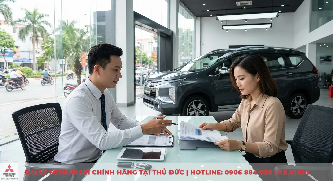 Mitsubishi Xpander Cross 2026: FAQ giá, lăn bánh, trả góp & khuyến mãi. 3 Tư vấn viên và khách hàng trao đổi hồ sơ mua xe Xpander Cross 2026 trả góp tại đại lý