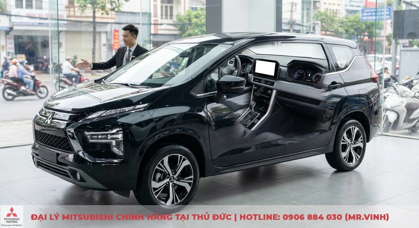 Mitsubishi Xpander Cross 2026: FAQ giá, lăn bánh, trả góp & khuyến mãi. 4 Mitsubishi Xpander Cross màu đen với lưới tản nhiệt Dynamic Shield, đèn LED, mâm hợp kim và nội thất màn hình lớn, minh họa các nâng cấp